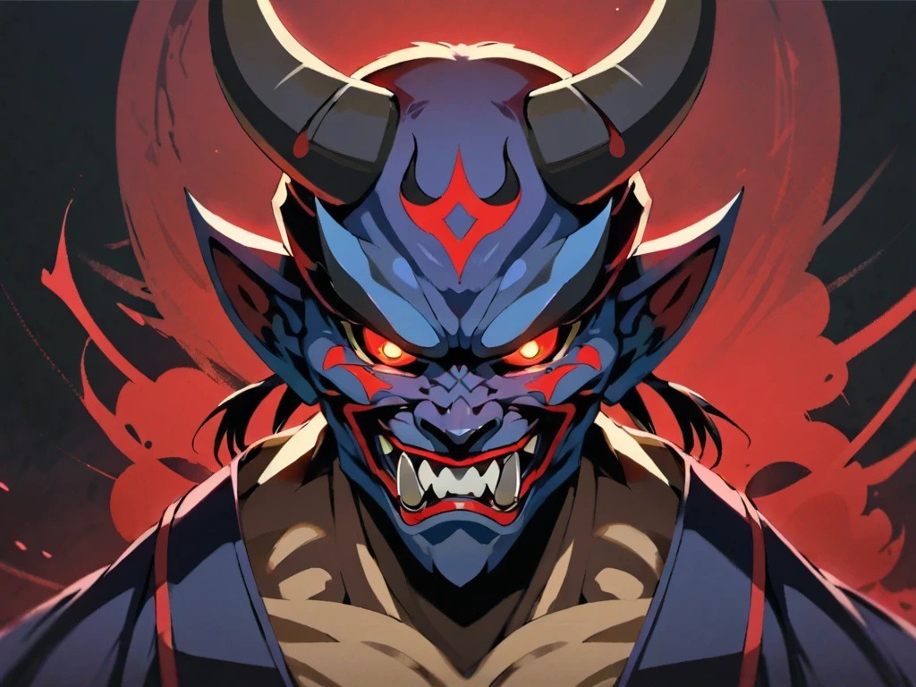 This is a link to the Oniwars.com website, it is a .png of a Colorful Blue and Purple Japanese Oni Demon with Horns and Menacing Fangs looking forward with a Red background.