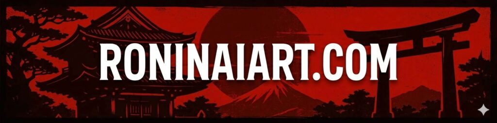 Site Banner a Japanese Tori Gate and Shinto Temple with Mount Fuji and the Rising Sun in the backdrop along with Bonsai In Bold White Letters it says Ronin AI Art . com